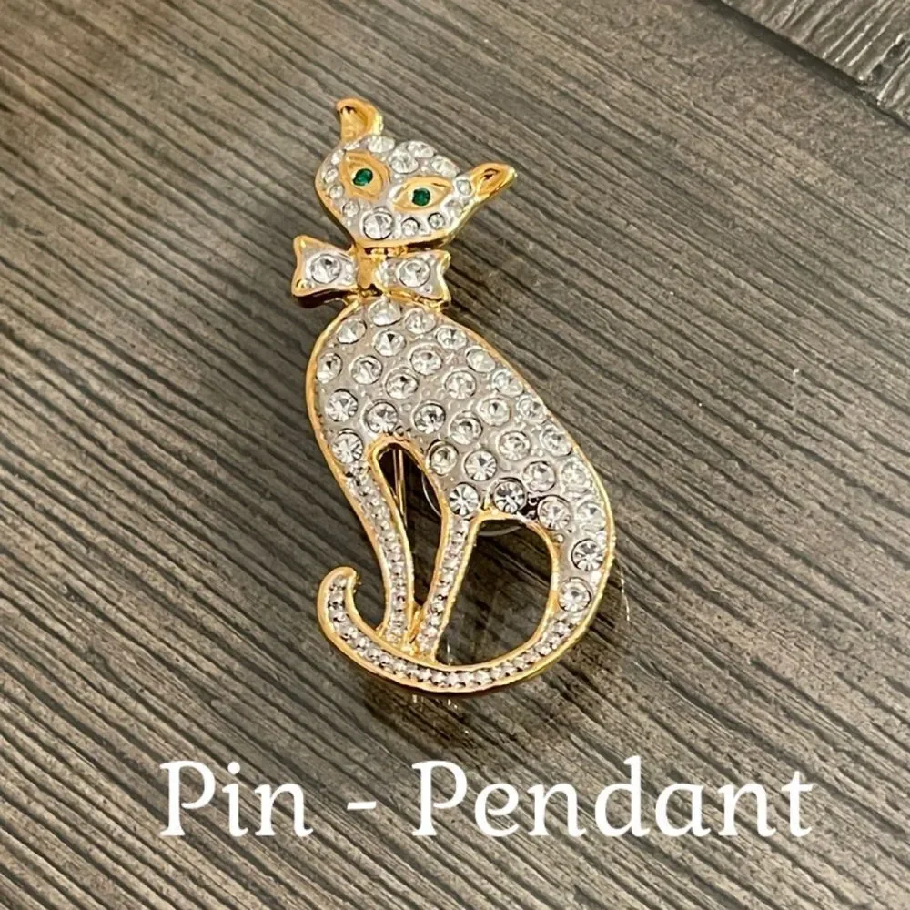 Vintage Style Gold-tone Rhinestone Sitting Cat Brooch - Pendant